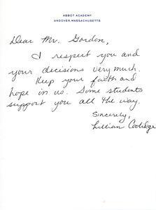 Letter to Don Gordon from former Abbot Academy student Lillian Coolidge