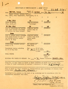 Certification of demobilization and release of active duty, Helen Ripley, Abbot Academy, class of 1930