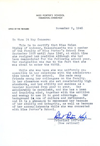 Letter of recommendation, Helen Ripley, Abbot Academy, class of 1930
