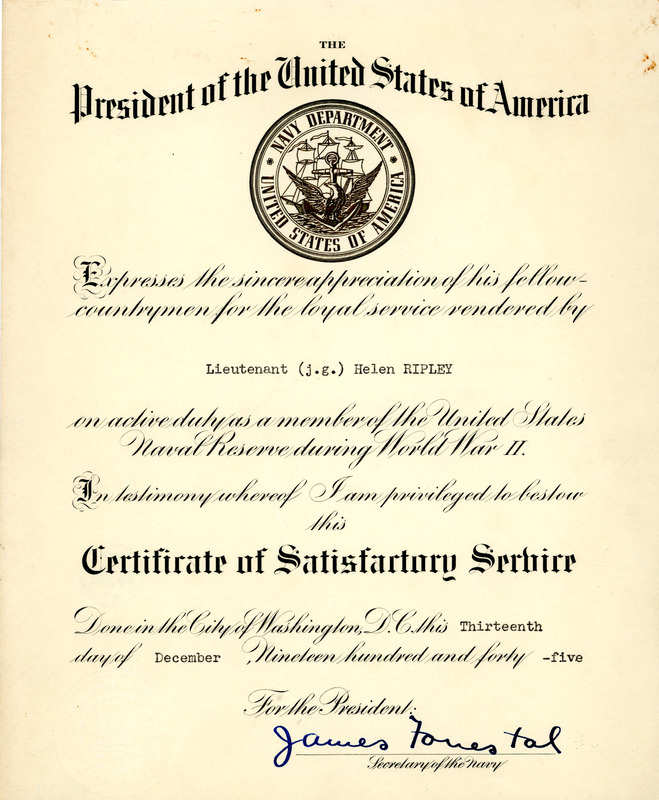 Certificate of satisfactory service, Helen Ripley, Abbot Academy, class of 1930