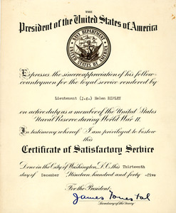 Certificate of satisfactory service, Helen Ripley, Abbot Academy, class of 1930