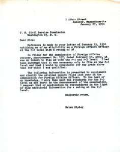 Letter addressing Foreign Affairs Officer position, Helen Ripley,Abbot Academy, class of 1930