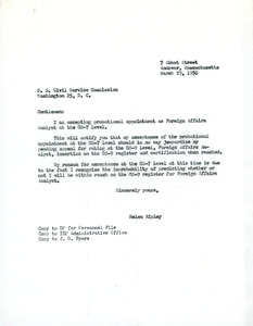 Letter in regards to Foreign Affairs Analyst position, Helen Ripley, Abbot Academy, class of 1930