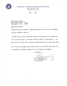Letter congratulating Helen Ripley on her retirement from the U.S. Navy, Abbot Academy, class of 1930