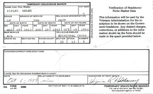 Verification of grave marker, Helen Ripley, Abbot Academy, class of 1930