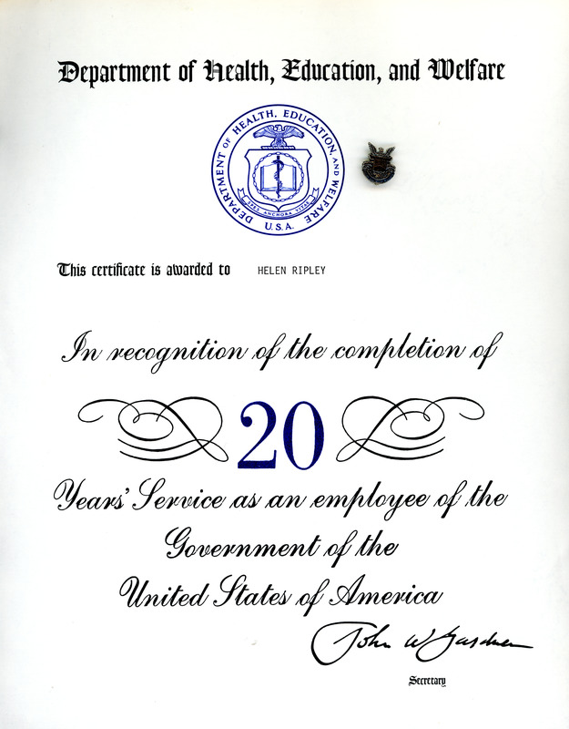 Certificate of appreciation for twenty years of service, Helen Ripley, Abbot Academy, class of 1930