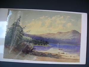 Pond framed by tree at the left with a mountain on the horizon