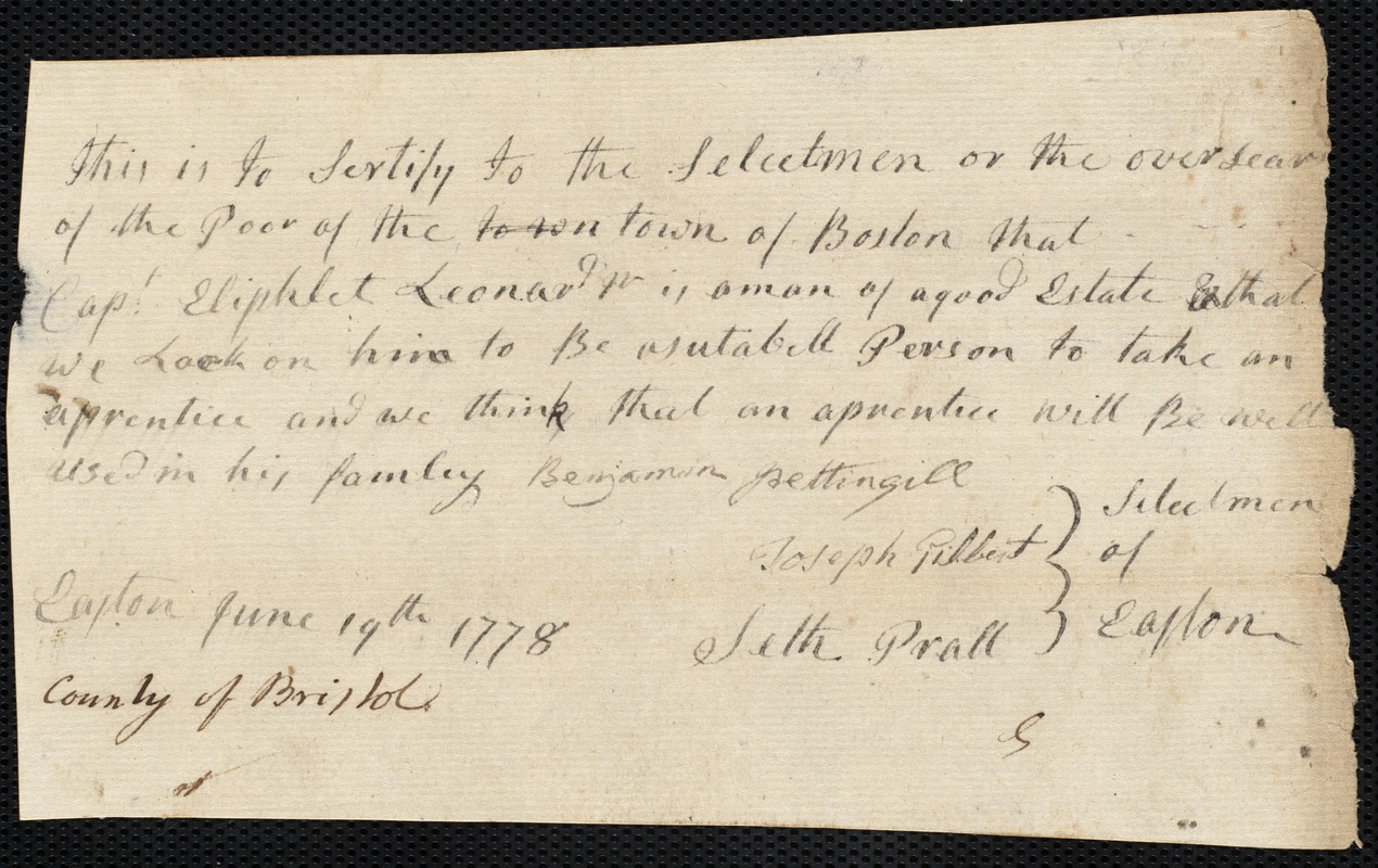 Sarah White indentured to apprentice with Eliphalet [Eliphlet] Leonard, Jr. of Easton, 25 June 1778