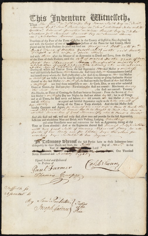 Margaret [Margreat] Bell [Bells] indentured to apprentice with Caleb Swan of Boston, 5 November 1778