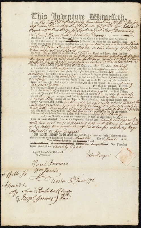 Martha Pierce indentured to apprentice with John Rogers of Boston, 4 June 1778