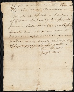 James Cook indentured to apprentice with James Sullivan of Groton, 3 September 1778