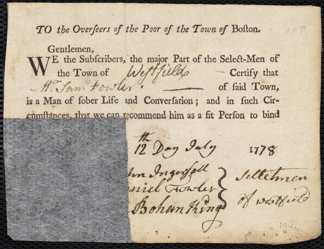 James Kelly indentured to apprentice with Samuel Fowler of Westfield, 16 July 1778