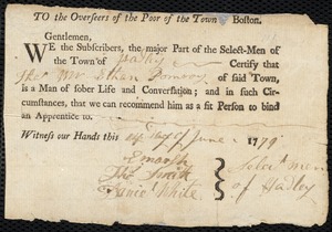 Francis Jenkins indentured to apprentice with Ethan Pomeroy [Pumroy] of Hadley, 22 June 1779
