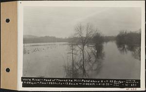 Ware River, head of Thorndike mill pond above Boston and Maine Railroad bridge looking upstream, drainage area = 216 square miles, flow = 2850 cubic feet per second = 13.2 cubic feet per second per square mile, Palmer, Mass., 11:00 AM, Apr. 18, 1933