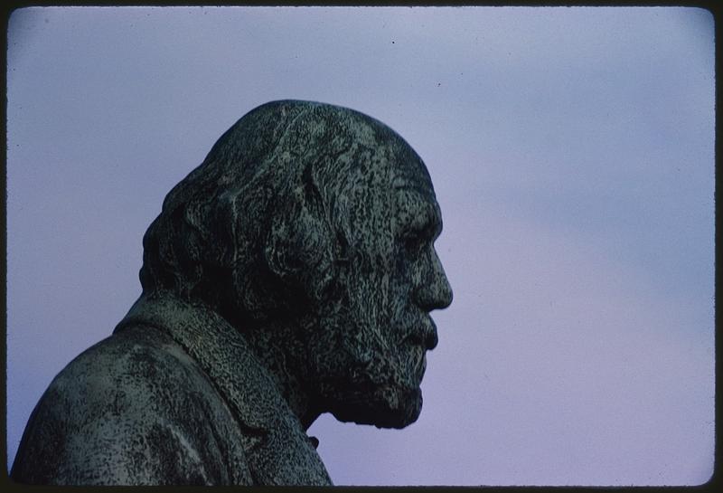 Profile view of head and shoulder of Edward Everett Hale statue, Boston Public Garden