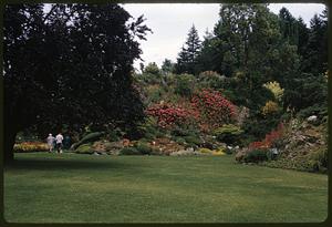 Lawn facing cultivated flowers among trees, British Columbia