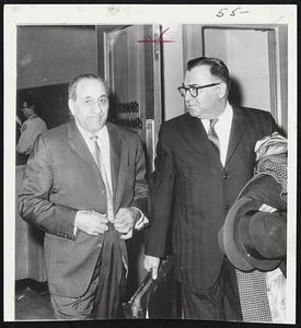 Fined For Speeding. First conviction of Anthony (Tough Tony) Accardo results in $15 fine for speeding. Alleged ex-leader of Chicago rackets is shown emerging from traffic court with his attorney, Michael Brodkin.