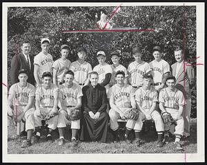 Catholic League All-Stars who will play Boston Conference stars in seventh annual game at Fenway Park June 16. Back row (left to right) - Jack McCarthy, Cathedral, assistant coach; Jim McManus, St. Mary's (B); Billy McGurk, St. Columbkille; Tom Richards, Sacred Hearts, Cambridge; Morgan Brooks, Keith; Bill Ryan, St. Clements; Joe O'Hara, Columbus; John MacDonald, Cathedral; Tom Moran, St. Mary's (B), head coach. Front row - Tom McDermott, Ralph LeDuc and Bob Thacker, all of Malden Catholic; Very Rev. Msgr. John P. Carroll, CYO director; Tony Capodilupo and Mike Harrington, St. John's Prep, and Dick Bergeron, Lawrence Central.