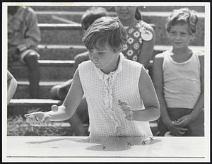 Playground Championship Fens Stadium. Mary McCormack 9, of South Boston concentrating on game of Jackstones.