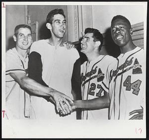 Milwaukee Braves players Bobby Thomson, Gene Conley, Danny O'Connell, and Hank Aaron