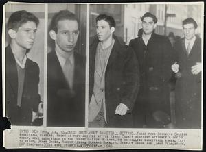 Questioned About Basketball Betting--These five Brooklyn College basketball players, shown as they arrived at the Kings County district attorney's office today, were questioned in the investigation of gambling on college basketball games. Left to right: Jerry Green, Robert Leder, Bernard Barnett, Stanley Simon and Larry Pearlstein.