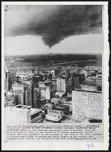 This is How a Tornado Looks-A tornado, deadliest thing in nature, takes on this awesome appearance when it strikes. View was made on April 2, 1957, as the funnel of a tornado approached Dallas. A tornado can occur anywhere in the country at any time of the year, however it strikes most often in spring and early summer in the central and southern Great Plains.