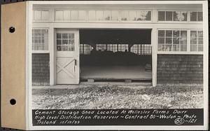 Contract No. 80, High Level Distribution Reservoir, Weston, cement storage shed located at Wellesley Farms Dairy, high level distribution reservoir, Weston, Mass., Oct. 19, 1939