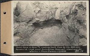 Contract No. 80, High Level Distribution Reservoir, Weston, sand seam in dam 2, looking south from by Sta. 880+00+/- aqueduct center line, high level distribution reservoir, Weston, Mass., Dec. 15, 1939