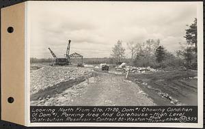 Contract No. 80, High Level Distribution Reservoir, Weston, looking north from Sta. 17+20, dam 1 showing condition of dam 1, parking area and gatehouse, high level distribution reservoir, Weston, Mass., May 29, 1940