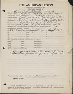American Legion military record of Erlon Arthur Merrill