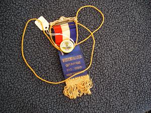 Blue ribbon with gold lettering and fringe with