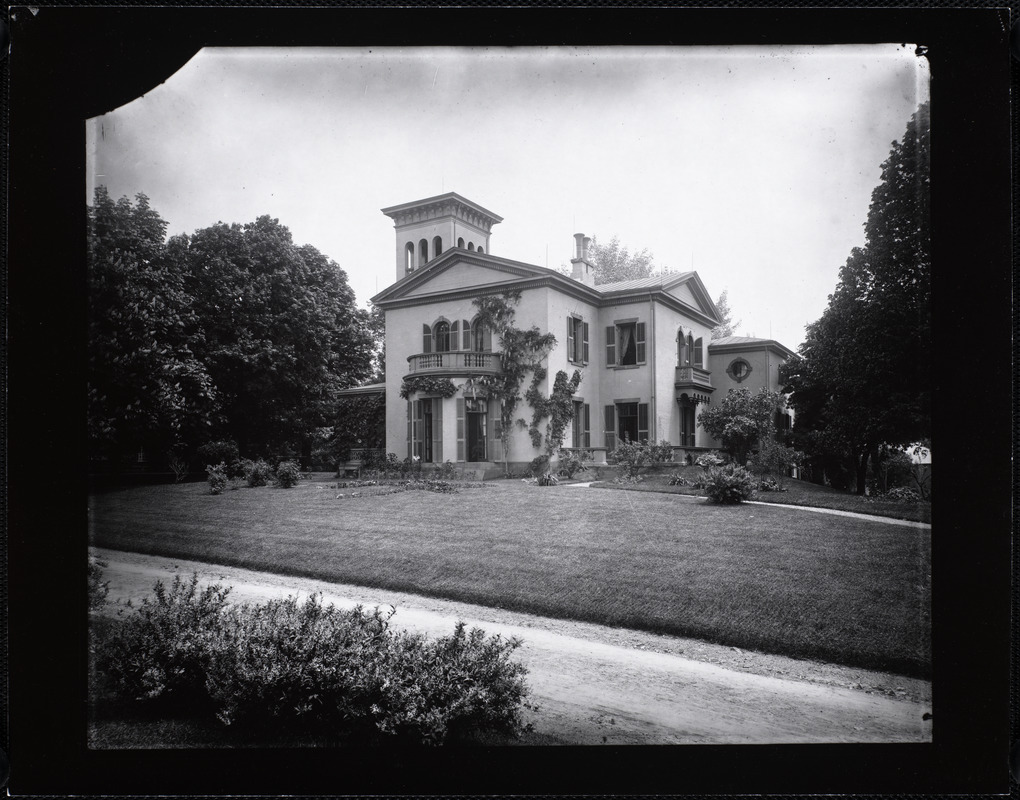 Italianate stucco villa with balcony and tower - Digital Commonwealth