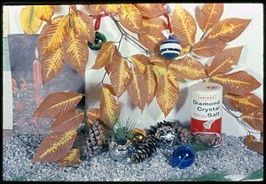 Leaves, Christmas ornaments, and salt