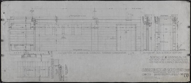 Three-quarter inch details of R windows in gym, heat unit at gallery stairs, fire hose cabinet in gallery