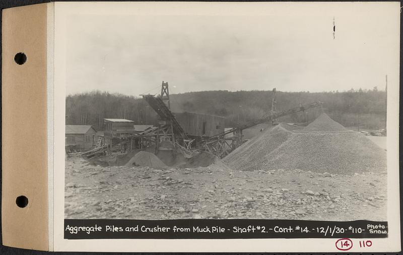 Contract No. 14, East Portion, Wachusett-Coldbrook Tunnel, West Boylston, Holden, Rutland, aggregate piles and crusher from muck pile, Shaft 2, Holden, Mass., Dec. 1, 1930