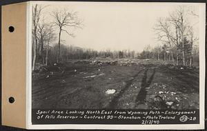 Contract No. 99, Enlargement of Fells High Level Distribution Reservoir, Stoneham, Malden, Melrose, spoil area looking northeast from Wyoming Path, enlargement of Fells Reservoir, Stoneham, Mass., Feb. 12, 1940