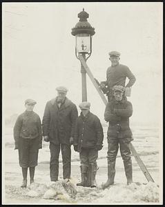 Lamp-lighters The Fellsway Medford lamplighting squad, l to r, George Curtiss, Ed T. [Shudy?], Billy Reardon, Tommy Donahue (on ladder), Jack Holland