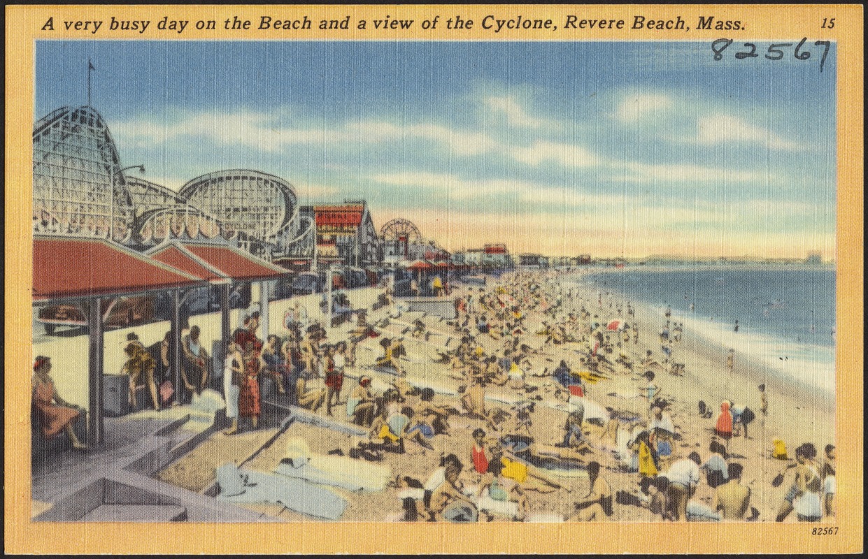 A very busy day on the beach and a view of the Cyclone, Revere Beach, Mass.