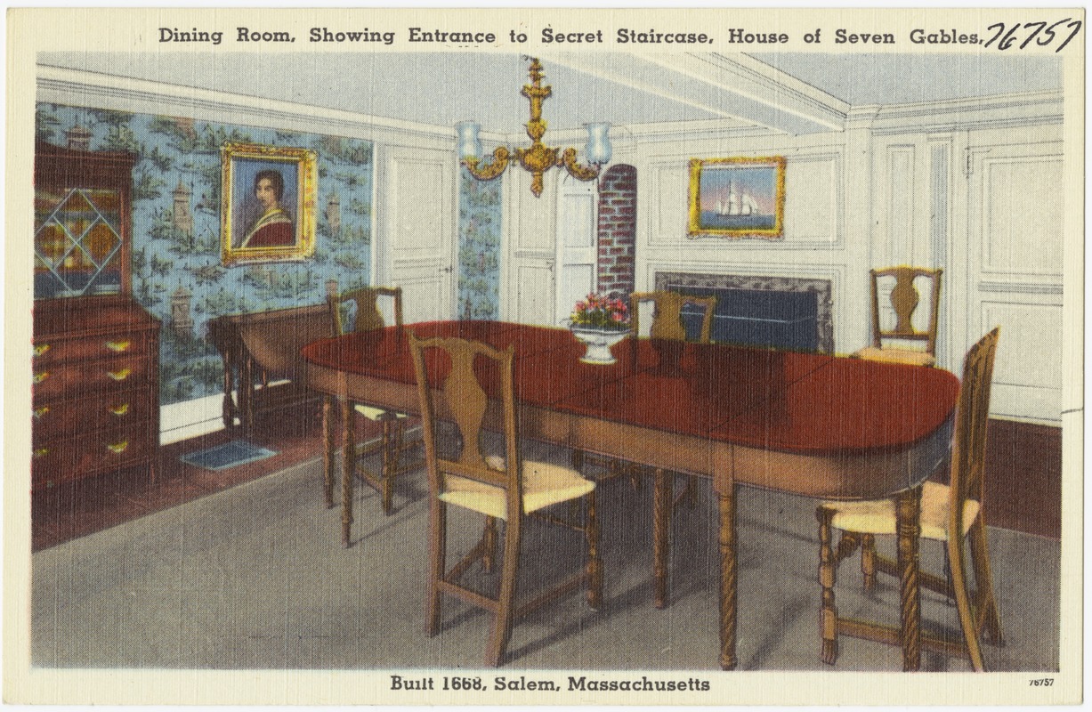Dining room, showing entrance to secret staircase, House of Seven Gables, built, 1668, Salem, Mass.