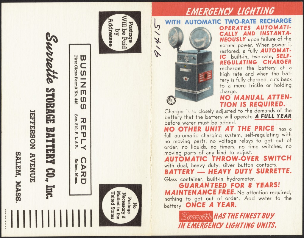 Emergency Lighting with Automatic Two-Rate Recharge, Surrette Storage Battery Co., Inc., Jefferson Avenue, Salem, Mass.