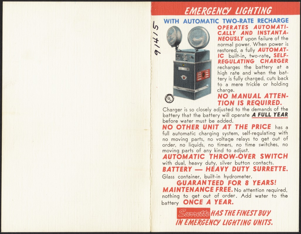 Emergency Lighting with Automatic Two-Rate Recharge, Surrette Storage Battery Co., Inc., Jefferson Avenue, Salem, Mass.
