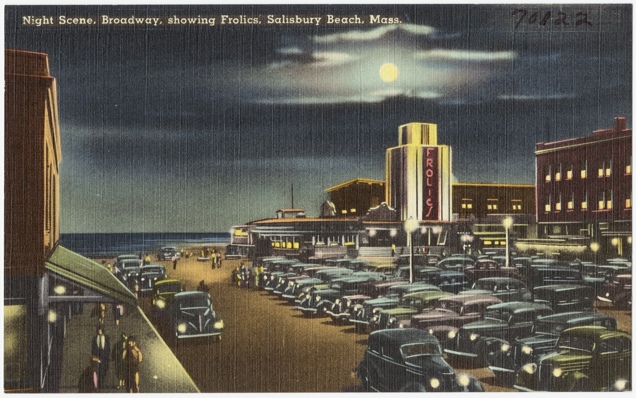 Night scene, broadway, showing Frolics, Salisbury Beach, Mass.