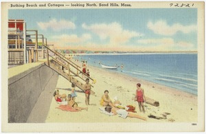 Bathing beach and cottages -- looking north, Sand Hills, Mass.