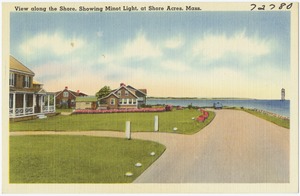 View along the shore, showing Minot Light, at Shore Acres, Mass.