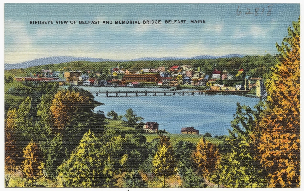 Birdseye view of Belfast and Memorial Bridge, Belfast, Maine