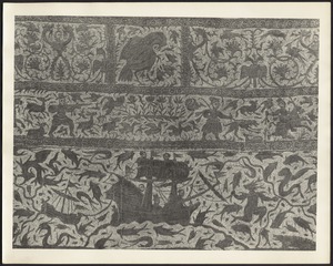Detail of embroidered coverlet, with ship at sea and hunting scenes