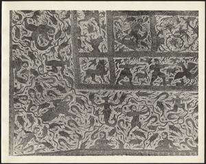 Detail of embroidered coverlet, with fishermen, musicians and hunting scenes