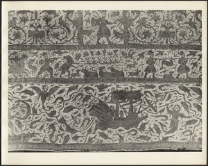 Detail of embroidered coverlet, with ship, mythological creatures and hunting scenes