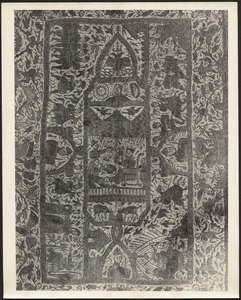 Detail of embroidered coverlet, with king on throne, kin and armies Indo-Portuguese. Stamped on back: Museum of Fine Arts, Boston MA