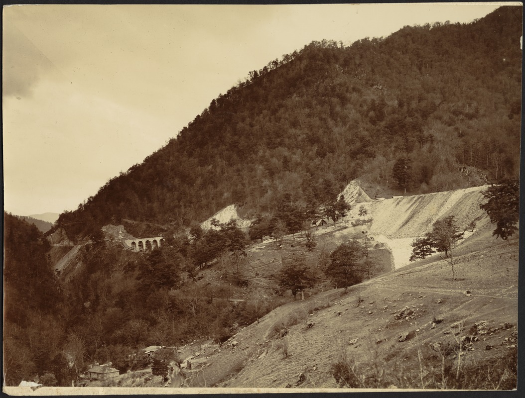 Distant stone viaduct near houses